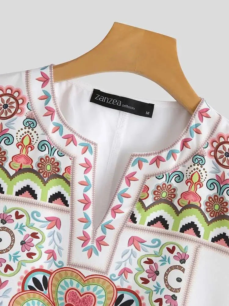 customized - Bohemian Summer Floral Printed Blouse ZANZEA Women Short Sleeve Holiday Shirt Casual Beach Tunic Tops Female Loose Blusas Mujer - Boho Eco Boutique™ - customized - Boho Eco Boutique™ - WHITE - M -