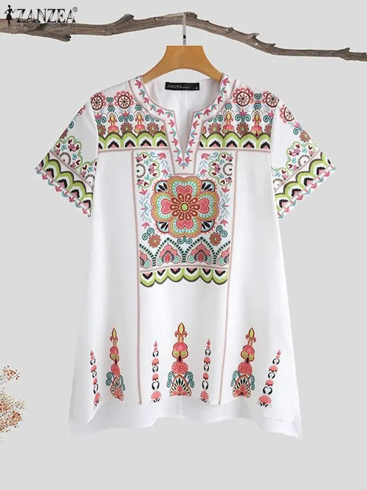 customized - Bohemian Summer Floral Printed Blouse ZANZEA Women Short Sleeve Holiday Shirt Casual Beach Tunic Tops Female Loose Blusas Mujer - Boho Eco Boutique™ - customized - Boho Eco Boutique™ - WHITE - M -