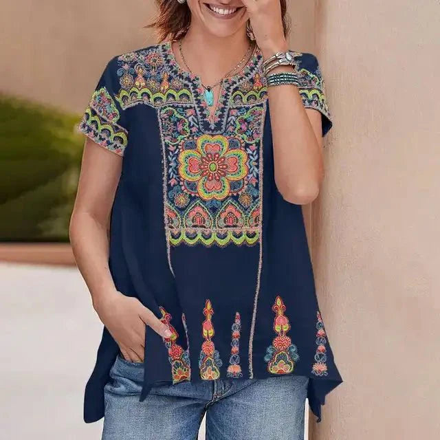 customized - Bohemian Summer Floral Printed Blouse ZANZEA Women Short Sleeve Holiday Shirt Casual Beach Tunic Tops Female Loose Blusas Mujer - Boho Eco Boutique™ - customized - Boho Eco Boutique™ - Navy - M -