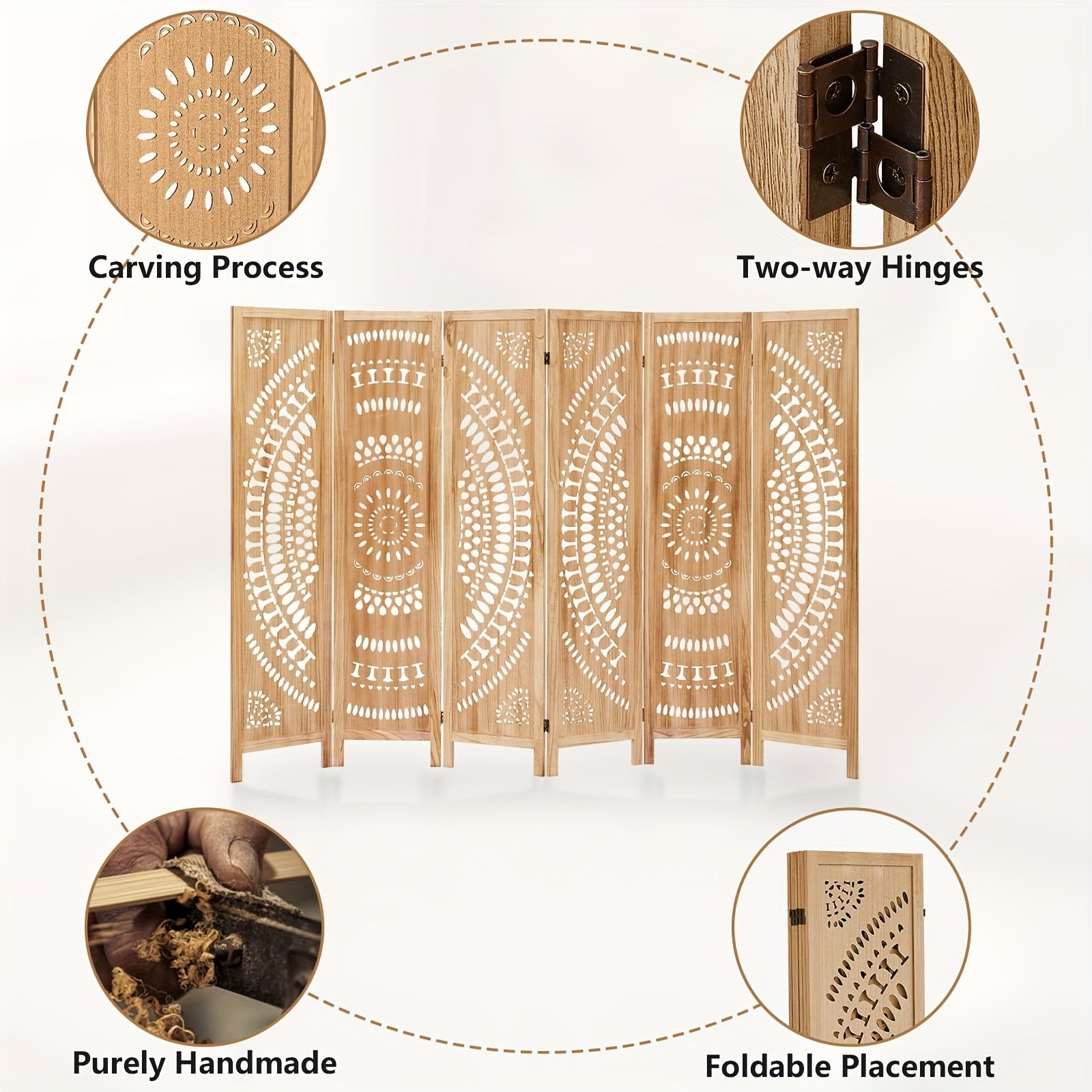 Boho 6-Panel Room Divider - 67’’ Folding Privacy Screen - Light Brown - Room Divider