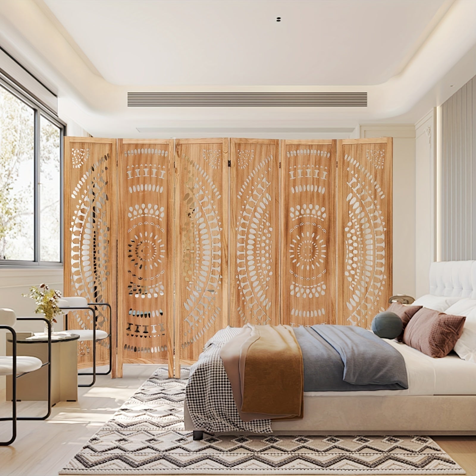 Boho 6-Panel Room Divider - 67’’ Folding Privacy Screen - Light Brown - Room Divider