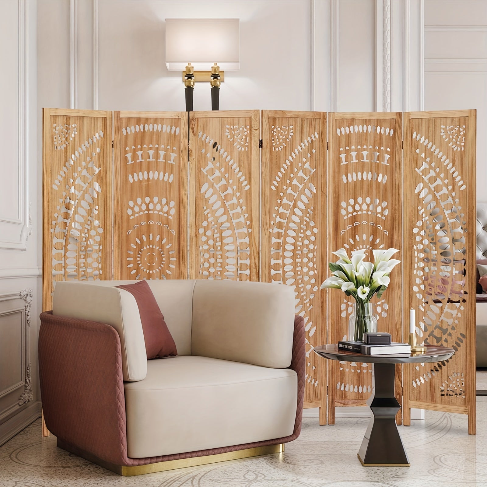 Boho 6-Panel Room Divider - 67’’ Folding Privacy Screen - Light Brown - Room Divider