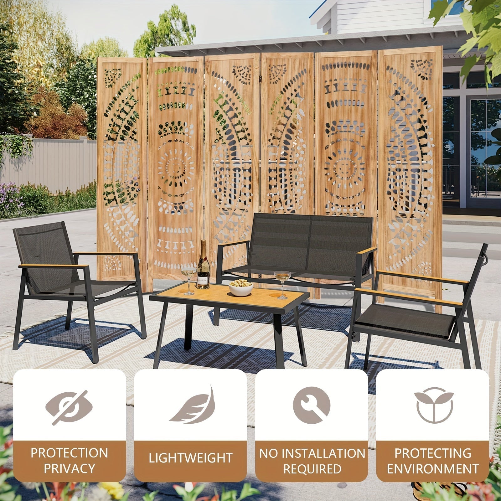 Boho 6-Panel Room Divider - 67’’ Folding Privacy Screen - Light Brown - Room Divider