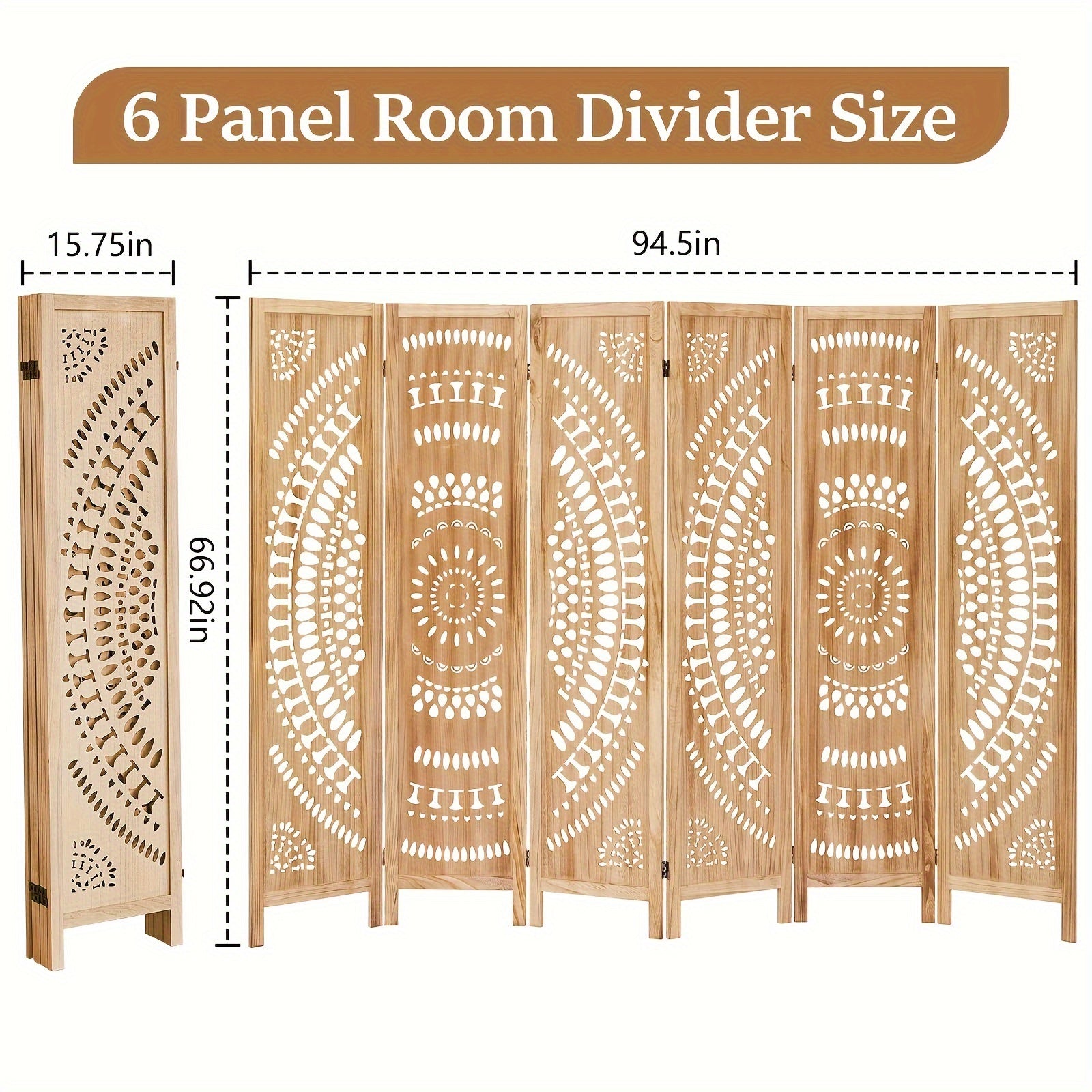 Boho 6-Panel Room Divider - 67’’ Folding Privacy Screen - Light Brown - Room Divider