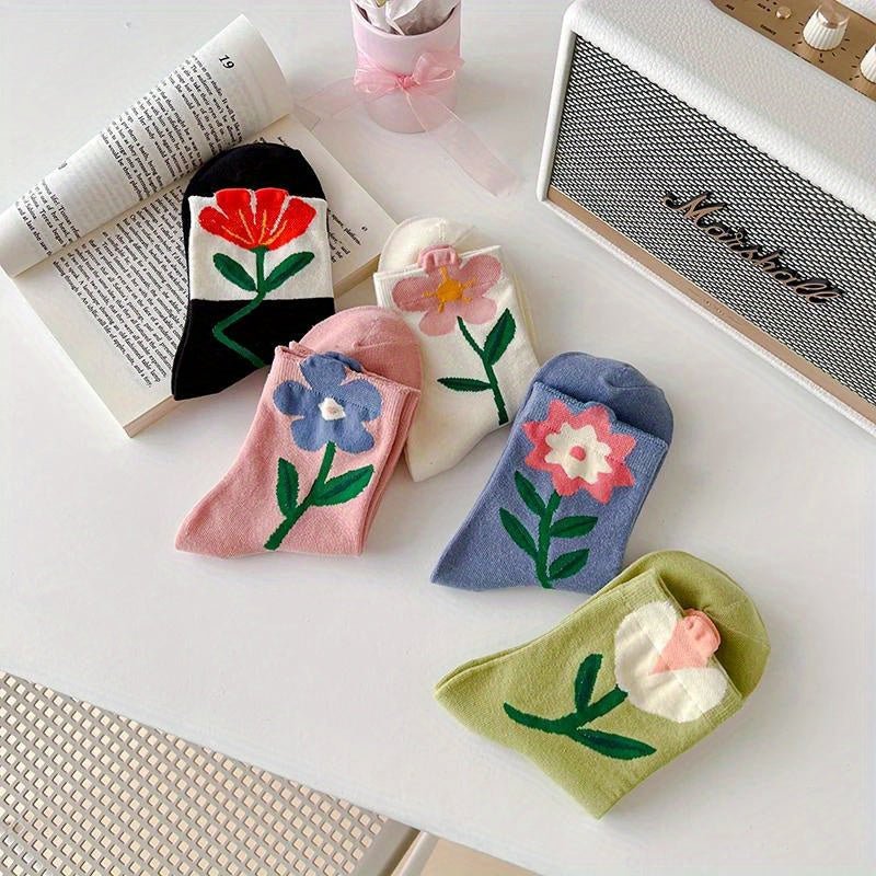 socks - Boho Chic 5 Pairs of Kawaii Flower Print MidLength Socks 5 Add a splash of adorable charm to your sock drawer - Boho Eco Boutique™ - socks - Boho Eco Boutique™ - 5Pairs - One - size -