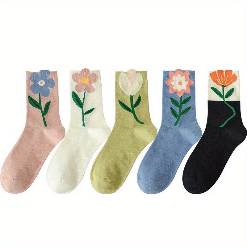 socks - Boho Chic 5 Pairs of Kawaii Flower Print MidLength Socks 5 Add a splash of adorable charm to your sock drawer - Boho Eco Boutique™ - socks - Boho Eco Boutique™ - 5Pairs - One - size -