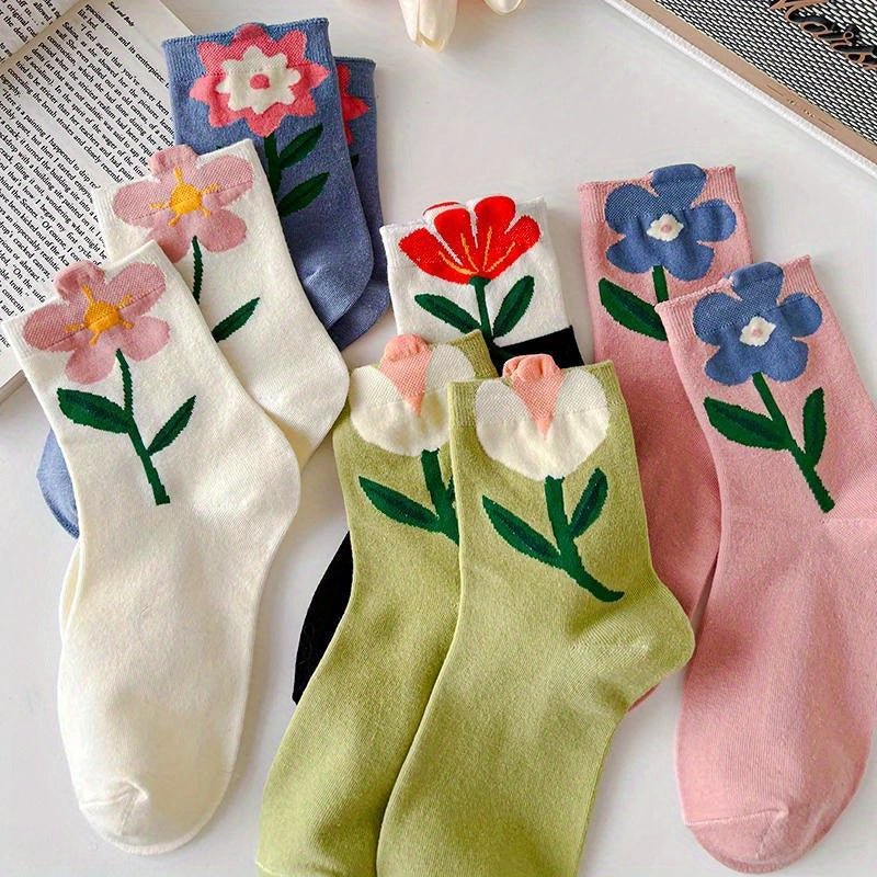 socks - Boho Chic 5 Pairs of Kawaii Flower Print MidLength Socks 5 Add a splash of adorable charm to your sock drawer - Boho Eco Boutique™ - socks - Boho Eco Boutique™ - 5Pairs - One - size -
