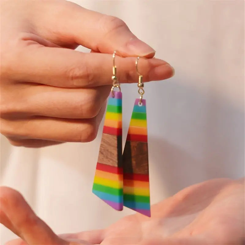 Boho-Chic Rainbow Geometric Wood & Resin Dangle Earrings - Nickel-Free Copper Hooks Ideal for Daily Wear & Gifting
