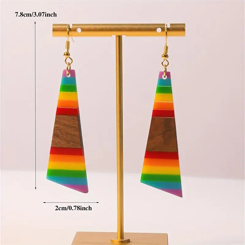 Boho-Chic Rainbow Geometric Wood & Resin Dangle Earrings - Nickel-Free Copper Hooks Ideal for Daily Wear & Gifting
