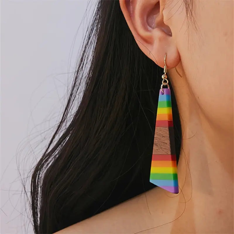 Boho-Chic Rainbow Geometric Wood & Resin Dangle Earrings - Nickel-Free Copper Hooks Ideal for Daily Wear & Gifting