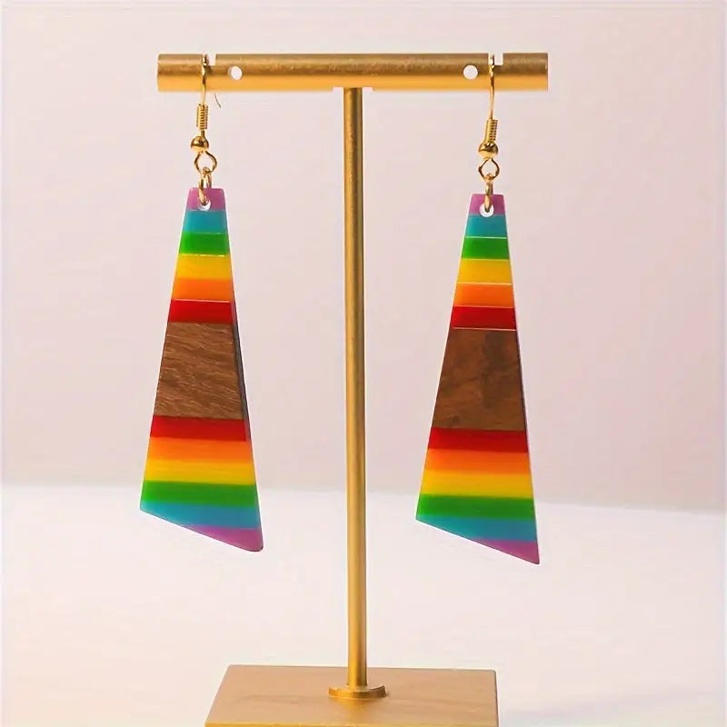 Boho-Chic Rainbow Geometric Wood & Resin Dangle Earrings - Nickel-Free Copper Hooks Ideal for Daily Wear & Gifting
