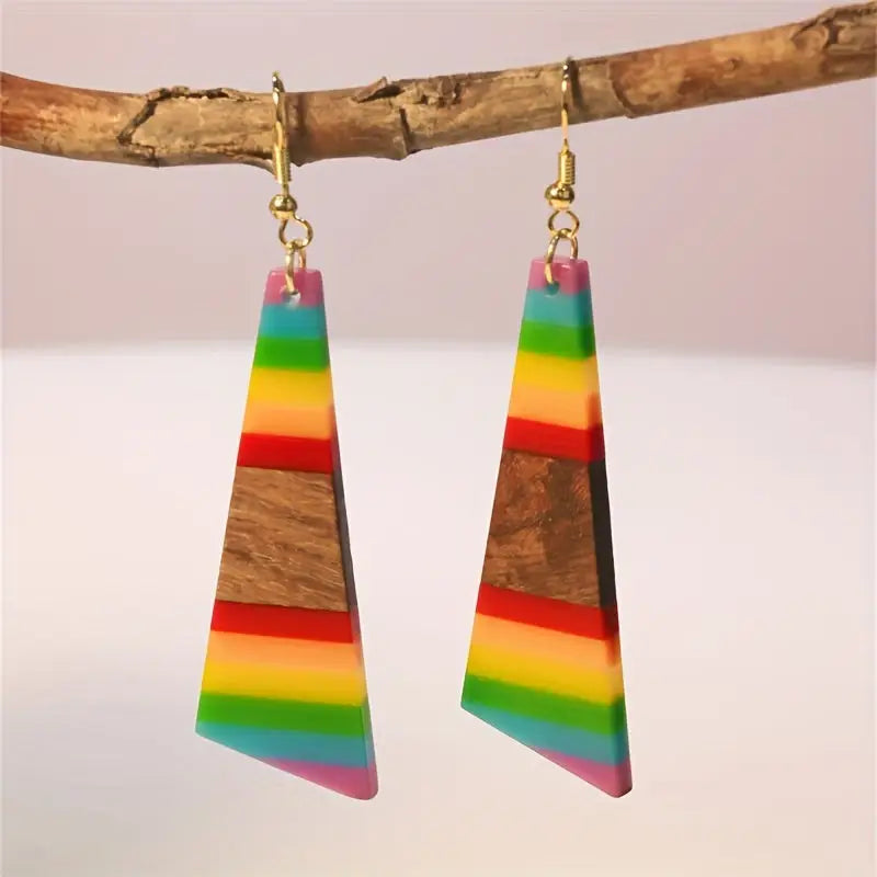 Boho-Chic Rainbow Geometric Wood & Resin Dangle Earrings - Nickel-Free Copper Hooks Ideal for Daily Wear & Gifting