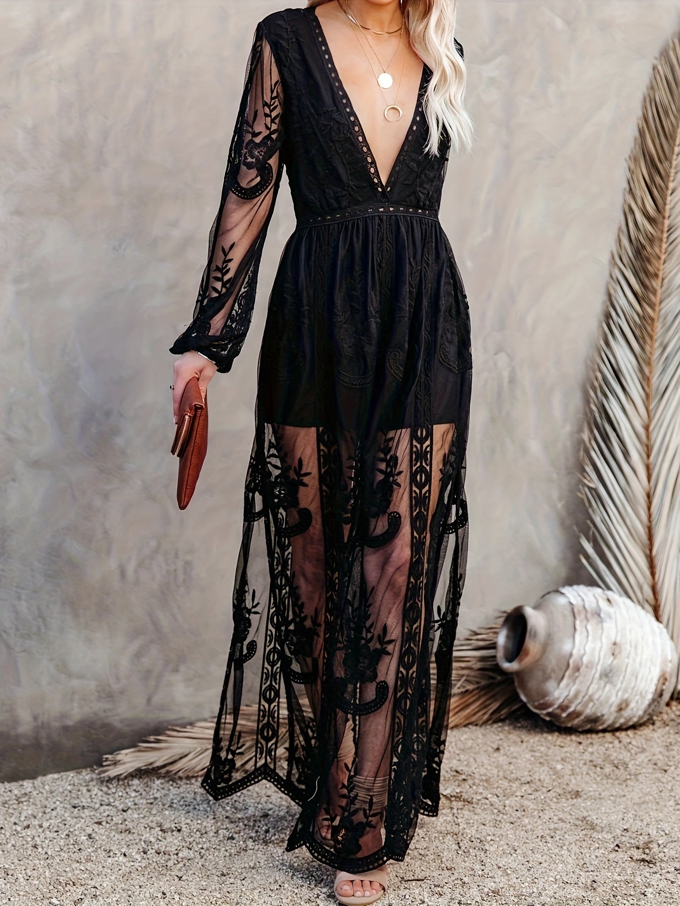 Boho Chic Romper Dress – Floral Deep V-Neck Lace Long Sleeve Embroidery Maxi A-Line Split Hem Cocktail Dress