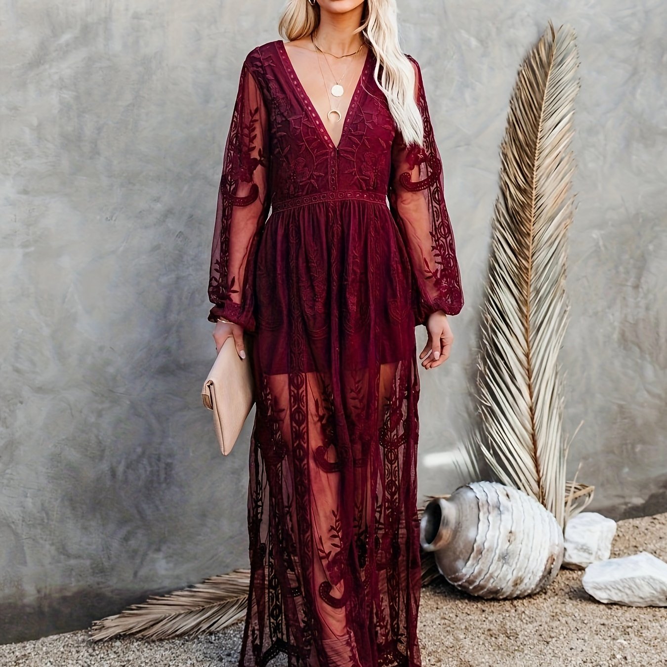 Boho Chic Romper Dress – Floral Deep V-Neck Lace Long Sleeve Embroidery Maxi A-Line Split Hem Cocktail Dress