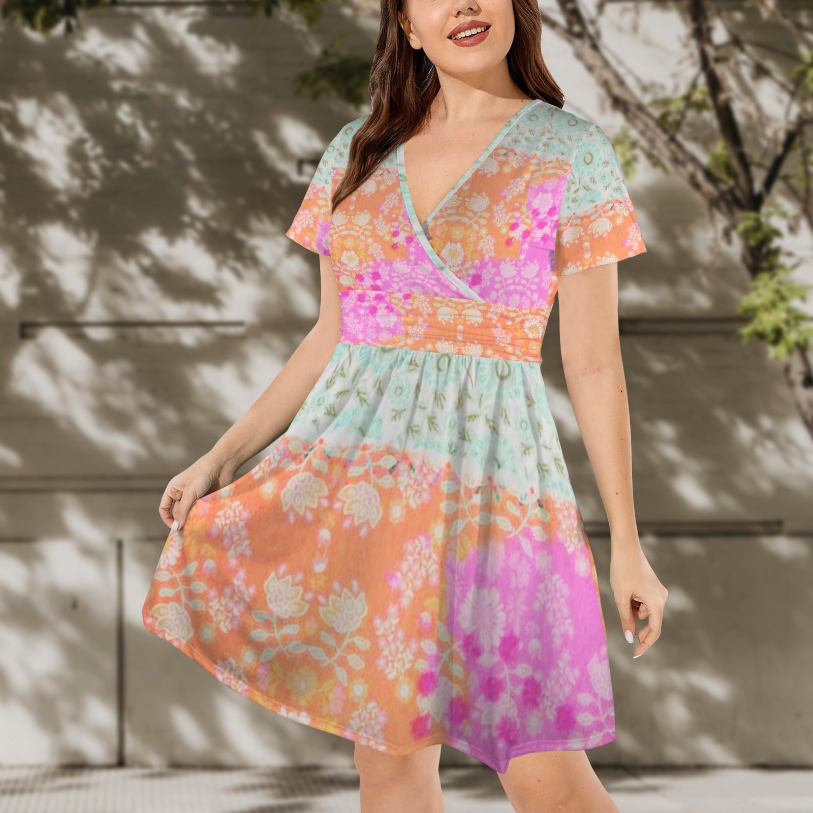 Dress - Boho Eco Boutique Knee Length Flowy V - Neck Party Dress Patch Work - Boho Eco Boutique™ - Boho Eco Boutique™ - SF06307906282362977 - V12287 - Boho Eco Boutique Knee Length Flowy V - Neck Party Dress Patch Work - S -
