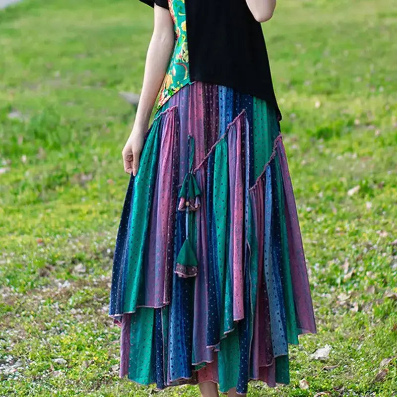 Boho Eco Cotton-Linen Striped Skirt Retro-Inspired with Irregular Hem - High Waisted Maxi Skirt