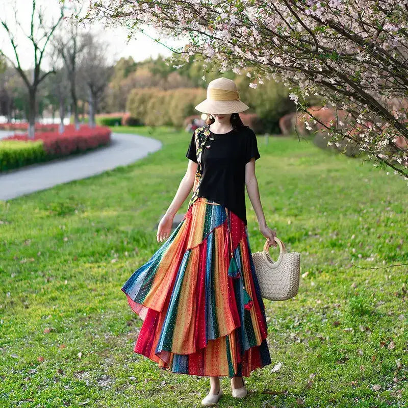 Boho Eco Cotton-Linen Striped Skirt Retro-Inspired with Irregular Hem - High Waisted Maxi Skirt