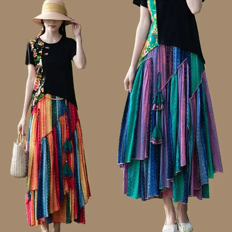 Boho Eco Cotton-Linen Striped Skirt Retro-Inspired with Irregular Hem - High Waisted Maxi Skirt