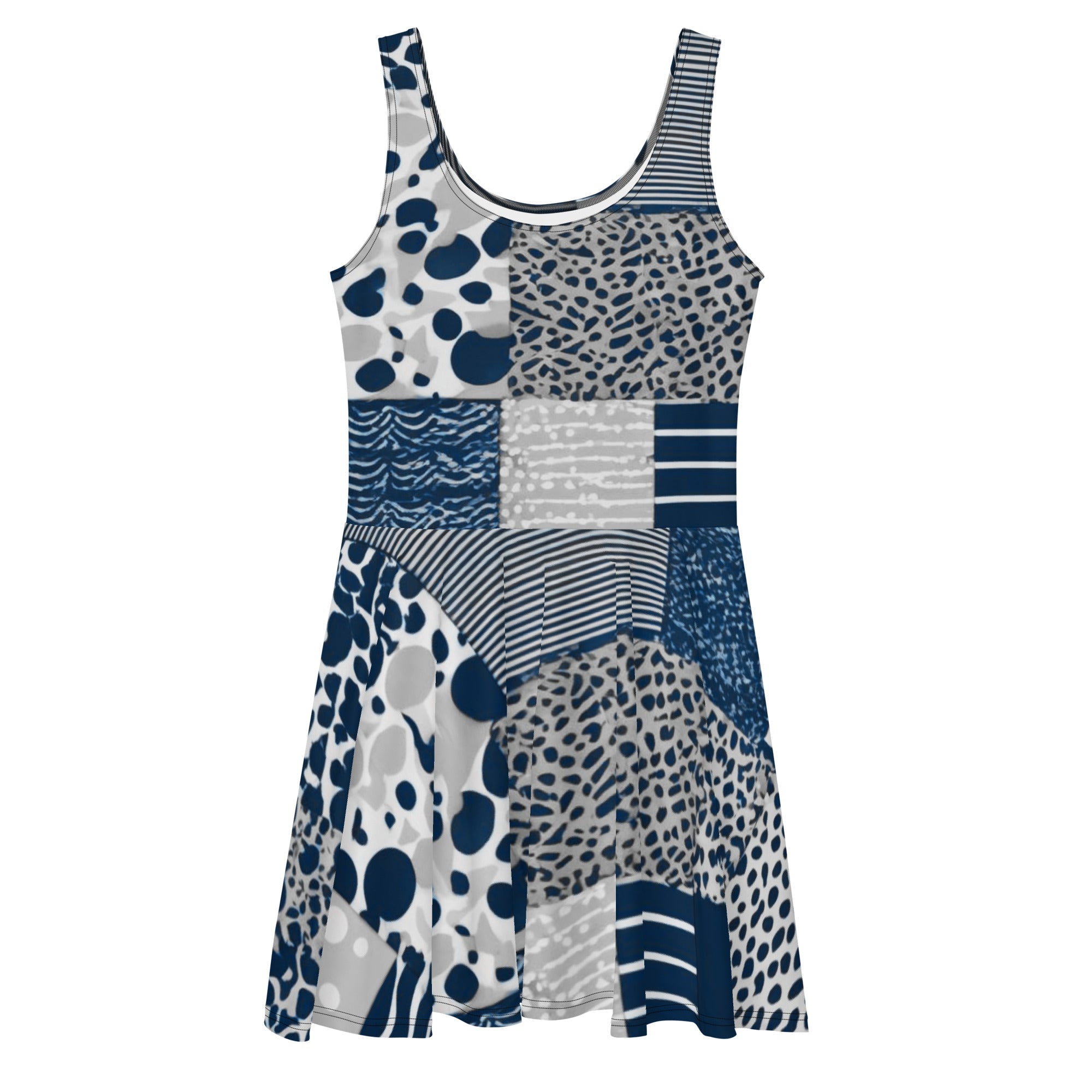 All Over Prints - Boho Eco Flowy Patchwork Print Navy and Grey Dress - Boho Eco Boutique™ - Boho Eco Boutique™ - XS -