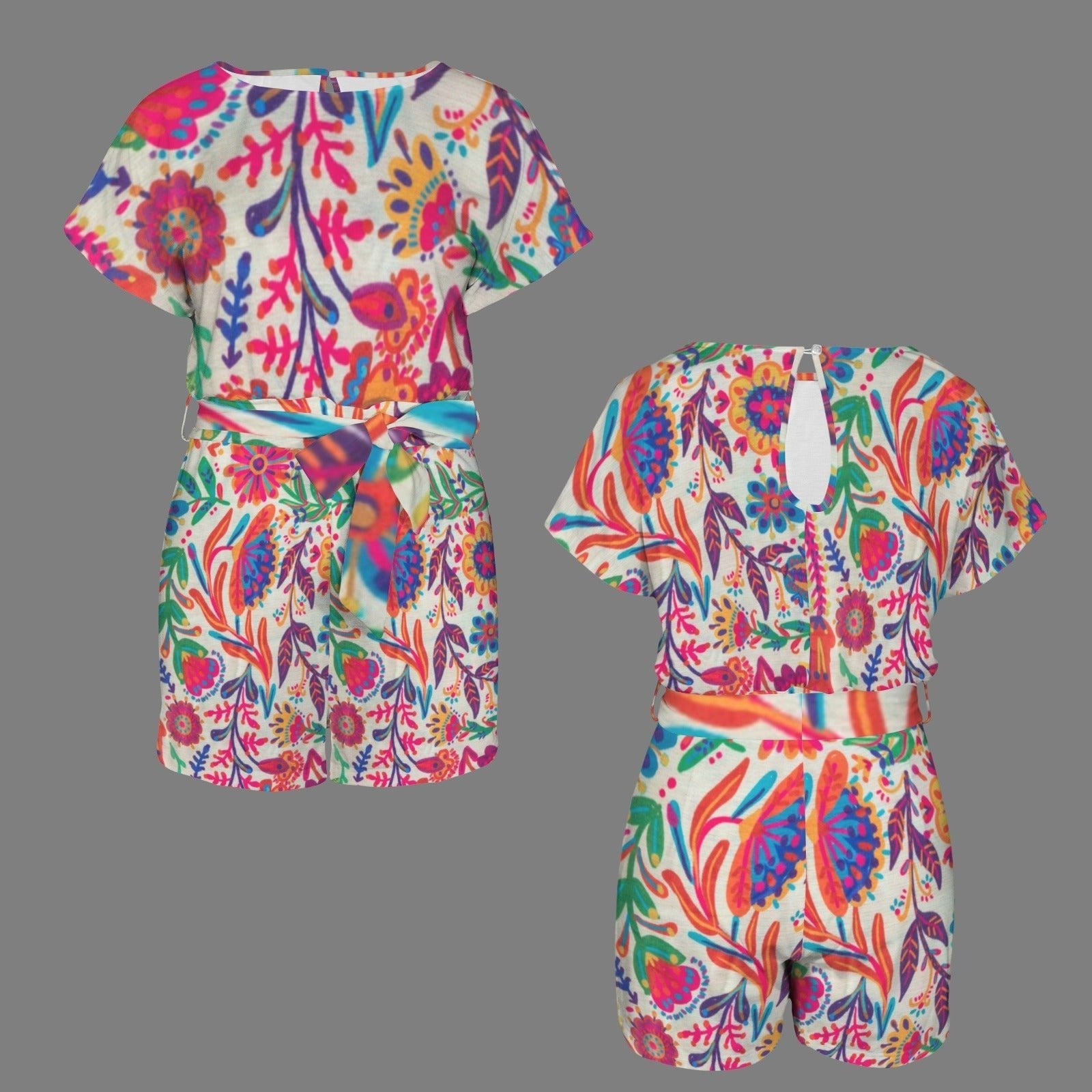 romper - Boho Eco Romper Tie Waist Short Sleeve Ethnic Print Mexico inspired - Boho Eco Boutique™ - Boho Eco Boutique™ - SF06299137492757404 - V30618 - Boho Eco Romper Tie Waist Short Sleeve Ethnic Print Mexico inspired - S -