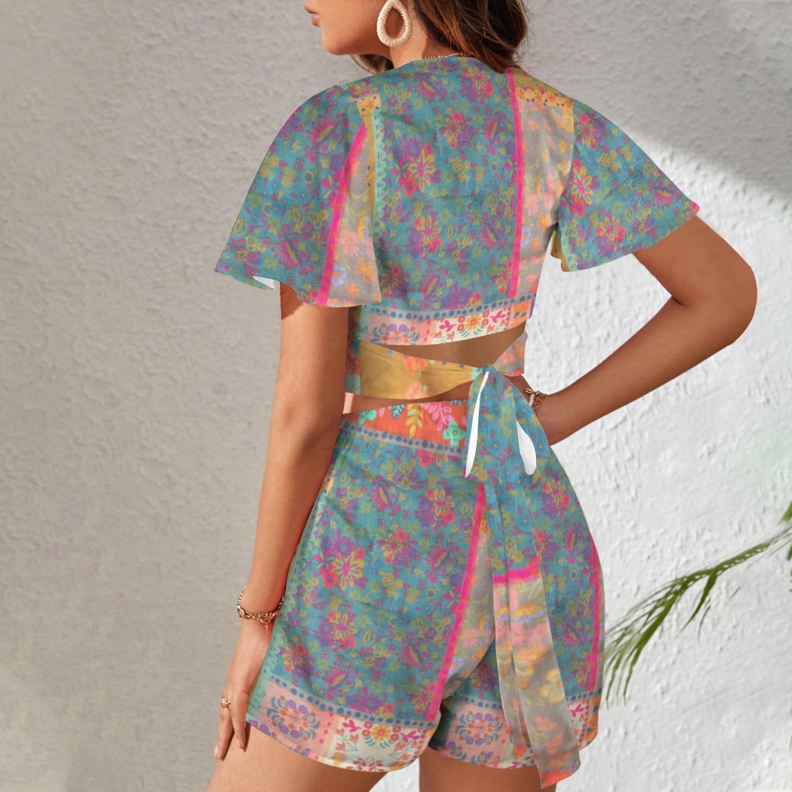 All Over Prints - Boho Eco Tie Crop Top and Shorts Set Blue and Pink - Boho Eco Boutique™ - Boho Eco Boutique™ - SF06299512932567799 - V30831 - Boho Eco Tie Crop Top and Shorts Set Blue and Pink - S -