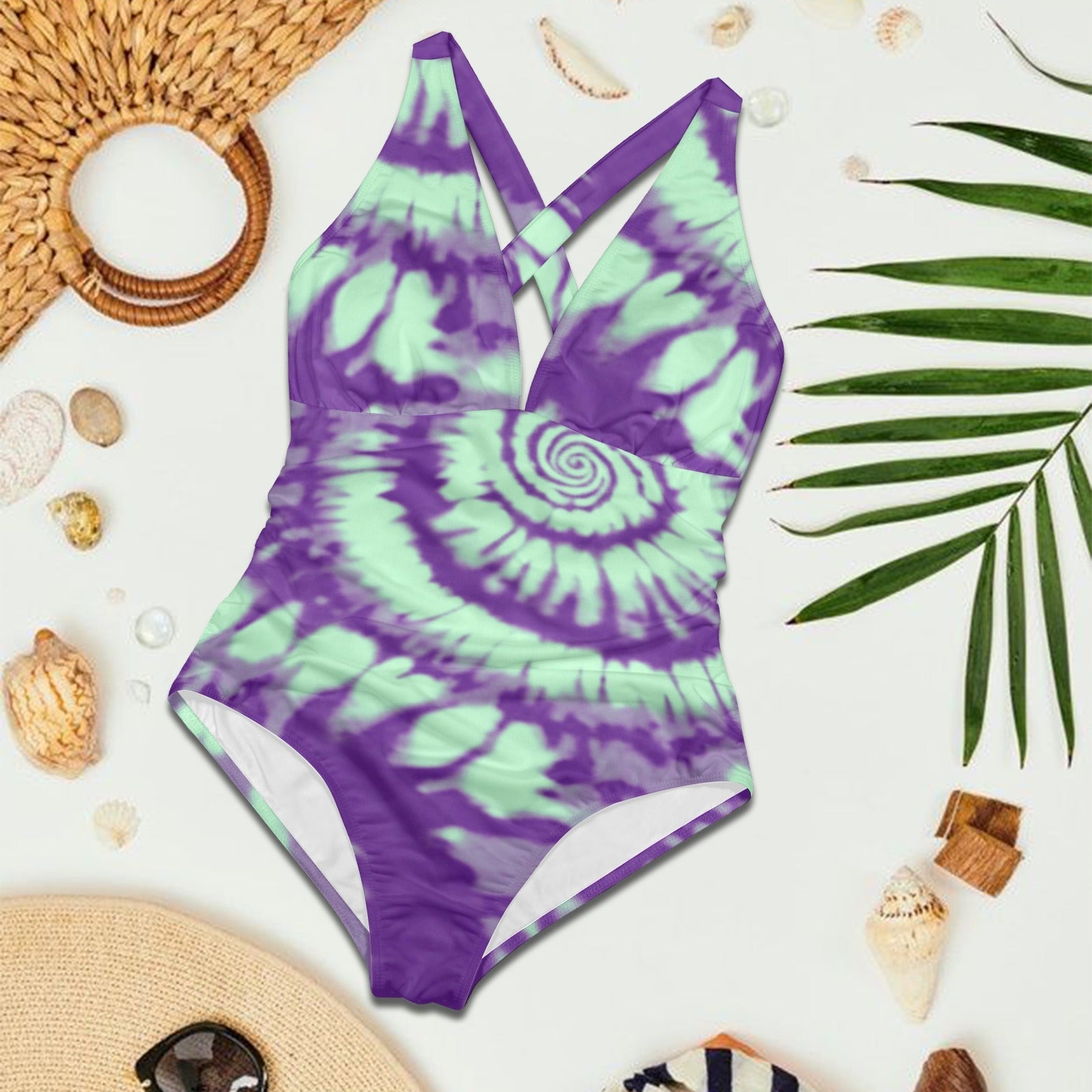 All Over Prints - Boho Eco Women's One Piece Swimsuit One Of a Kind Custom Designed Unique Bohemian Green and Purple Tie - Dye - Boho Eco Boutique™ - Boho Eco Boutique™ - SF07024692465210690 - V2066 - Boho Eco Women's One Piece Swimsuit One Of a Kind Custom Designed Unique Bohemian Green and Purple Tie - Dye - S -