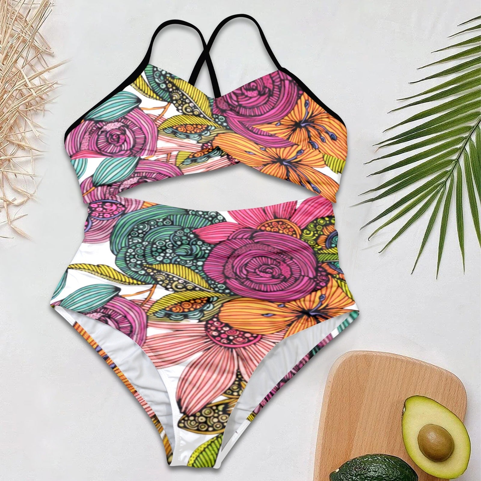 All Over Prints - Boho Eco Women's One Piece Swimsuit One Of a Kind Custom Designed Unique Bohemian Fun Bold Vintage Inspired Floral Waist Cut Out Tie Back - Boho Eco Boutique™ - Boho Eco Boutique™ - SF07024833037402446 - V6960 - white - S -
