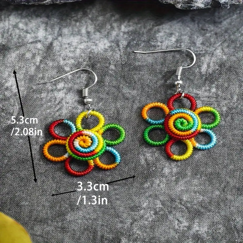 Boho Handcrafted Rainbow Flower Pendant Earrings - Colorful Polyester Bohemian Style Hypoallergenic Hooks Perfect