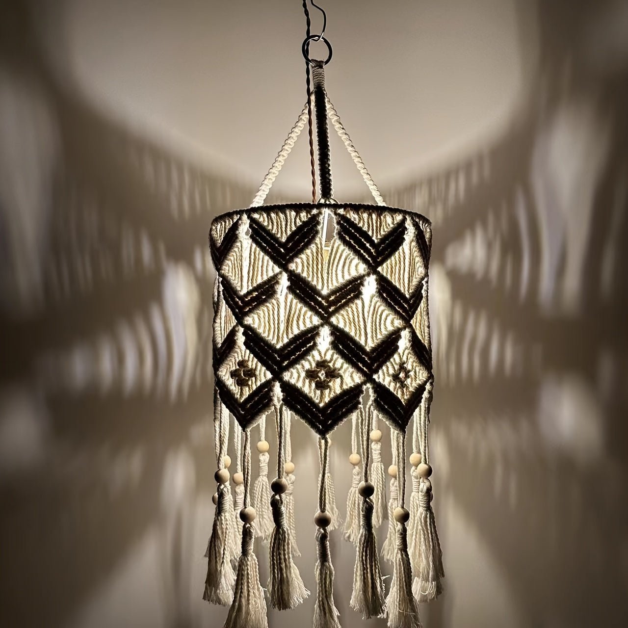 decor - Boho Handmade Macrame Hanging Lamp Shade - Warm White Ceiling Pendant Light Cover For Living Room, Bedroom, Bathroom - Artistic Decor, Cotton/Metal, Barrel Shape, No Battery Needed, Bulb Not Included - 1Pc - Boho Eco Boutique™ - decor - Boho Eco Boutique™ - Style G -