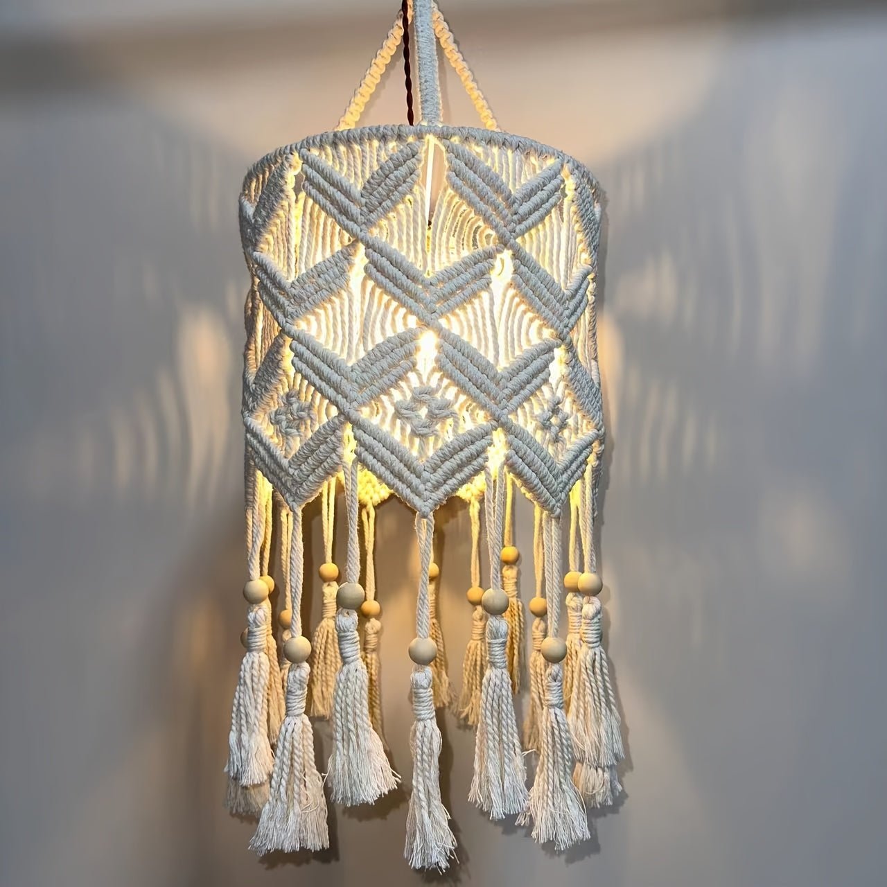 decor - Boho Handmade Macrame Hanging Lamp Shade - Warm White Ceiling Pendant Light Cover For Living Room, Bedroom, Bathroom - Artistic Decor, Cotton/Metal, Barrel Shape, No Battery Needed, Bulb Not Included - 1Pc - Boho Eco Boutique™ - decor - Boho Eco Boutique™ - Style G -