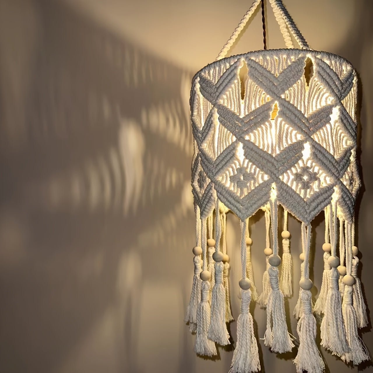 decor - Boho Handmade Macrame Hanging Lamp Shade - Warm White Ceiling Pendant Light Cover For Living Room, Bedroom, Bathroom - Artistic Decor, Cotton/Metal, Barrel Shape, No Battery Needed, Bulb Not Included - 1Pc - Boho Eco Boutique™ - decor - Boho Eco Boutique™ - Style G -
