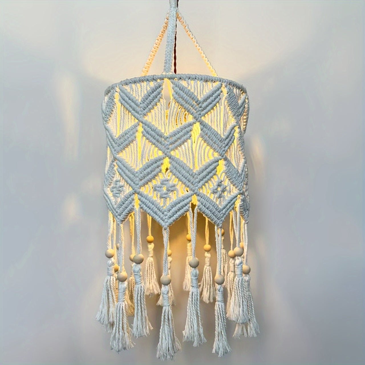 decor - Boho Handmade Macrame Hanging Lamp Shade - Warm White Ceiling Pendant Light Cover For Living Room, Bedroom, Bathroom - Artistic Decor, Cotton/Metal, Barrel Shape, No Battery Needed, Bulb Not Included - 1Pc - Boho Eco Boutique™ - decor - Boho Eco Boutique™ - Style G -