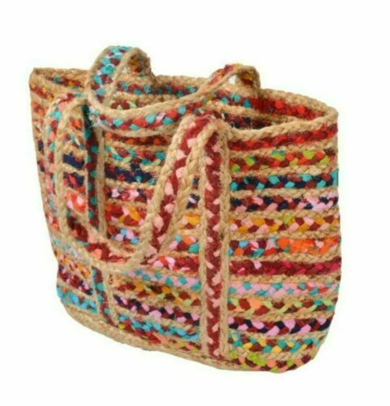 Boho Handmade Natural Jute Cotton Tote Bag – Versatile Shopping Vacation and Beach Handbag Multicolor - Tote Bag