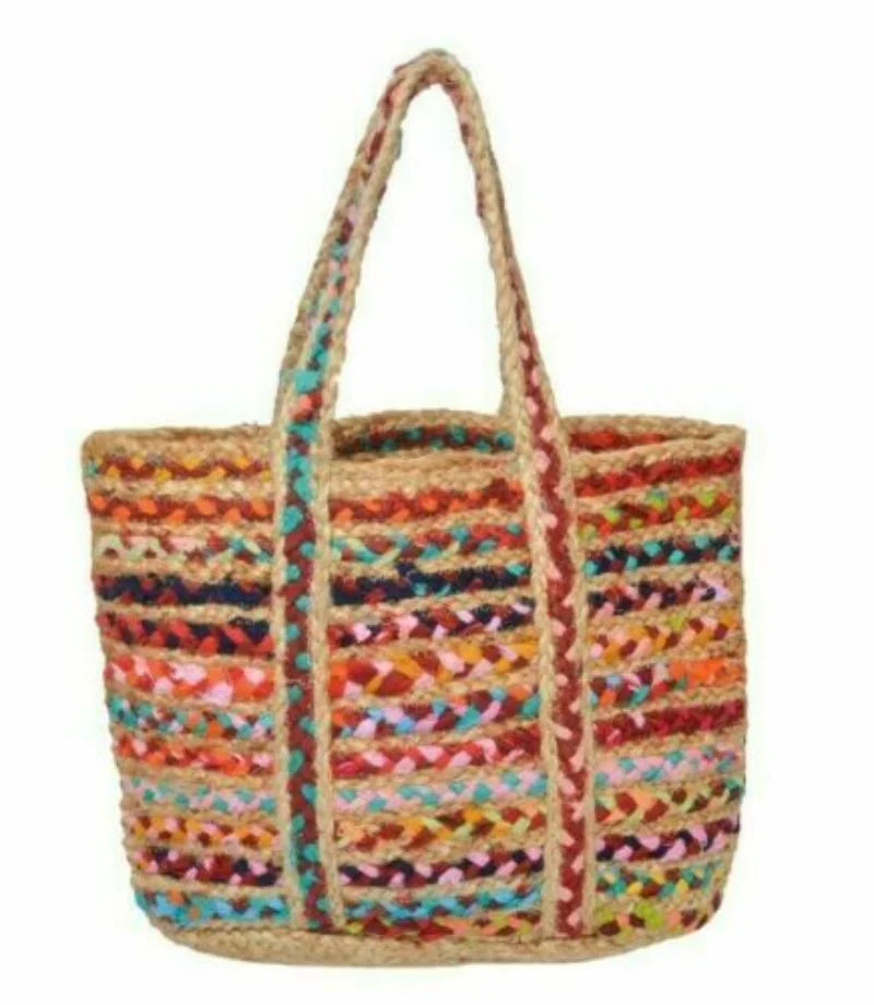 Boho Handmade Natural Jute Cotton Tote Bag – Versatile Shopping Vacation and Beach Handbag Multicolor - Tote Bag