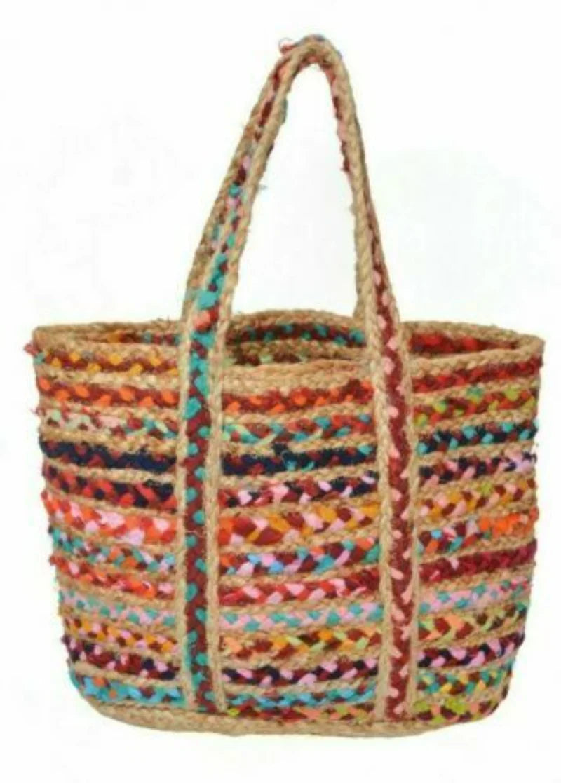 Boho Handmade Natural Jute Cotton Tote Bag – Versatile Shopping Vacation and Beach Handbag Multicolor - Tote Bag