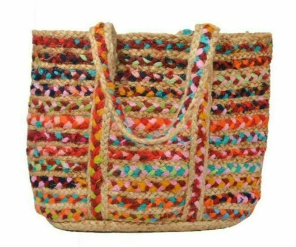 Boho Handmade Natural Jute Cotton Tote Bag – Versatile Shopping Vacation and Beach Handbag Multicolor - Tote Bag