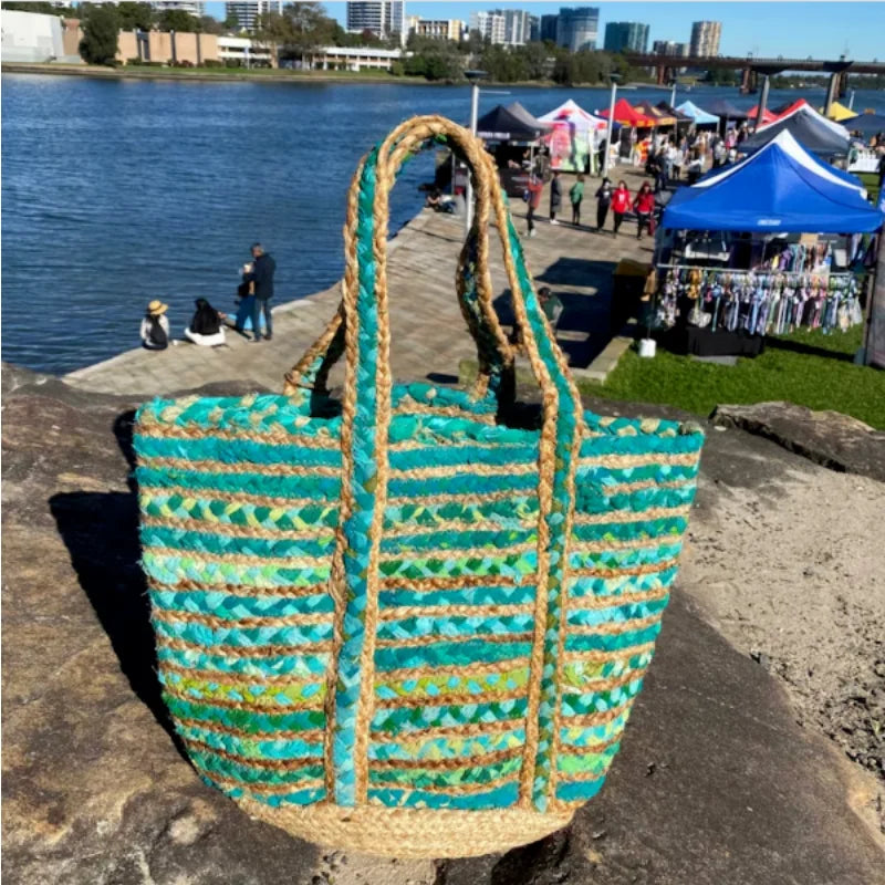 Boho Handmade Natural Jute Cotton Tote Bag – Versatile Shopping Vacation and Beach Handbag - Tote Bag