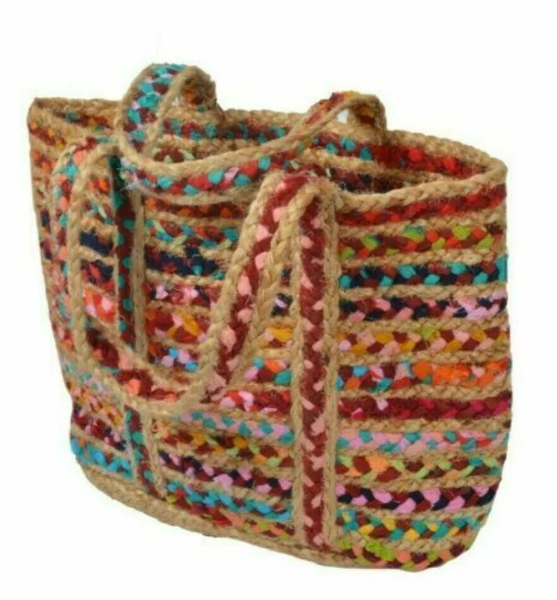 Boho Handmade Natural Jute Cotton Tote Bag – Versatile Shopping Vacation and Beach Handbag Multicolor - Tote Bag