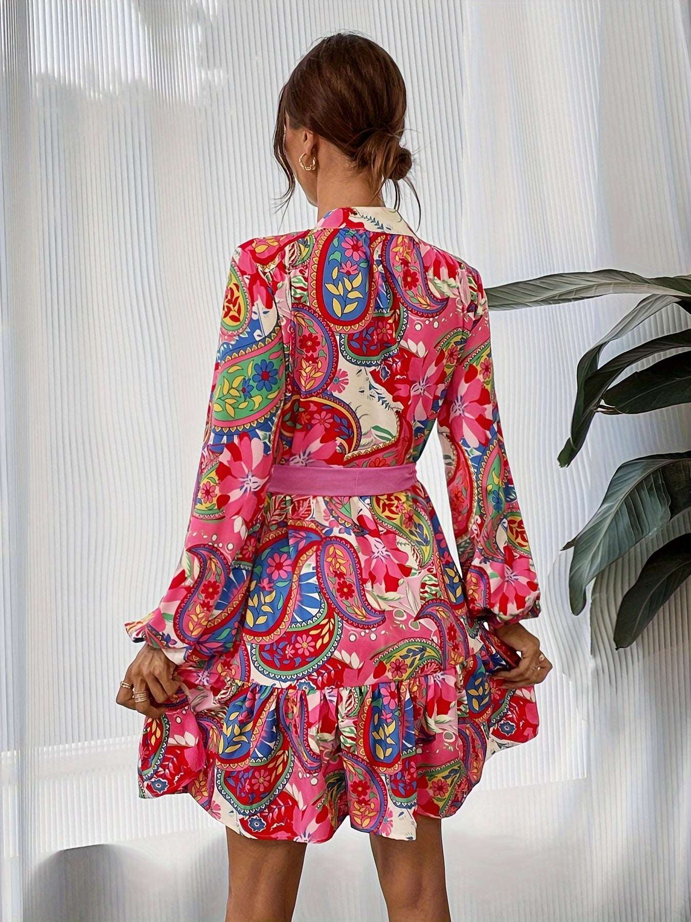 customized - A Paisley Print Mock Neck Tie Waist Dress Wardrobe Staple Boho Eco Chic - Boho Eco Boutique™ - customized - Boho Eco Boutique™ - Rose Red - S(4) -