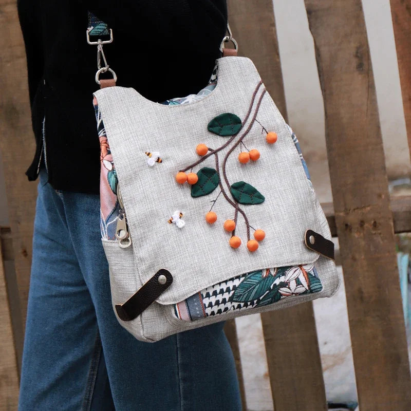 Boho Retro Cotton Linen Backpack – Lightweight All-Purpose Shoulder Bag for Women & Girls - backpack - Backpack