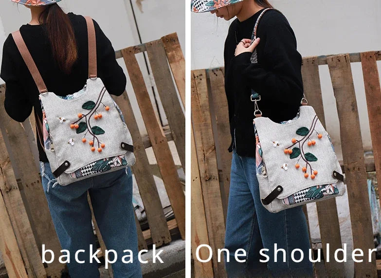 Boho Retro Cotton Linen Backpack – Lightweight All-Purpose Shoulder Bag for Women & Girls - backpack - Backpack