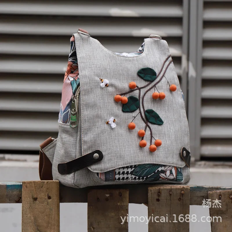 Boho Retro Cotton Linen Backpack – Lightweight All-Purpose Shoulder Bag for Women & Girls - backpack - Backpack