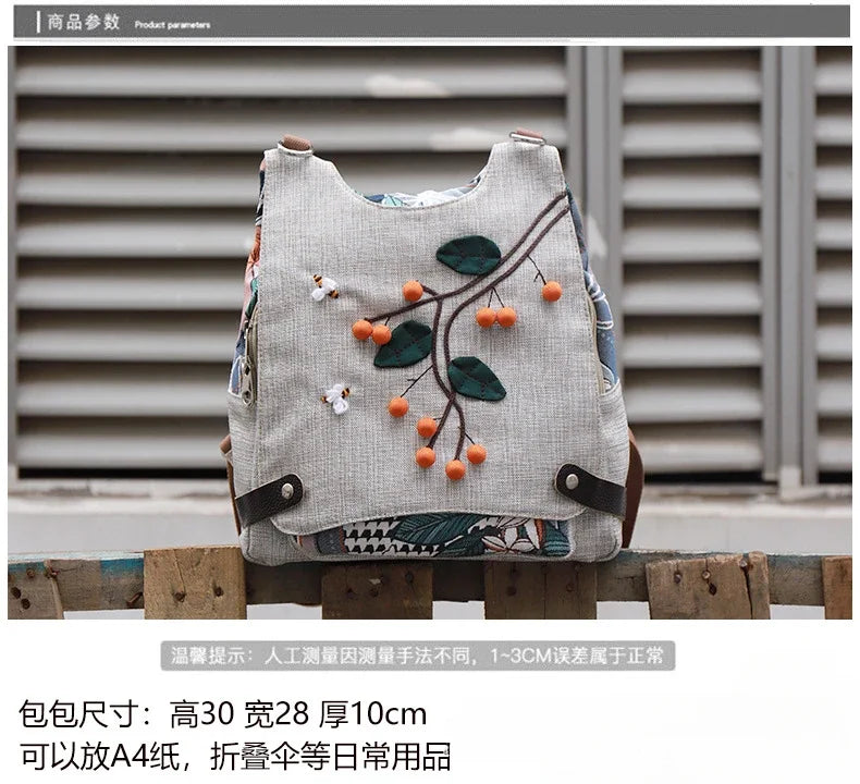 Boho Retro Cotton Linen Backpack – Lightweight All-Purpose Shoulder Bag for Women & Girls - backpack - Backpack