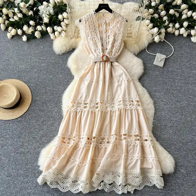 Boho Retro Women’s Solid Elegant Hollowed Out Sleeveless Long Dress Sweet Lace Patchwork - without belt / XXL