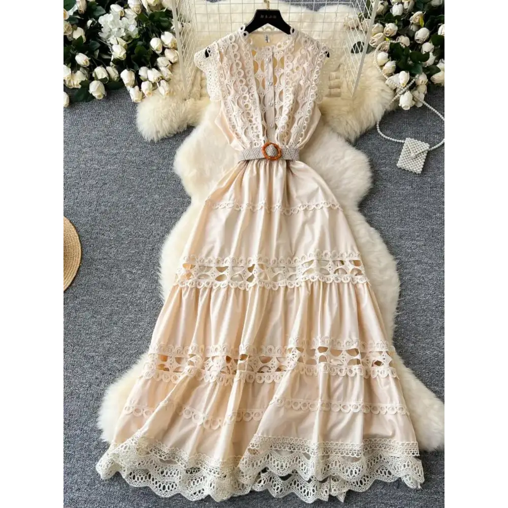 Boho Retro Women’s Solid Elegant Hollowed Out Sleeveless Long Dress Sweet Lace Patchwork - customized