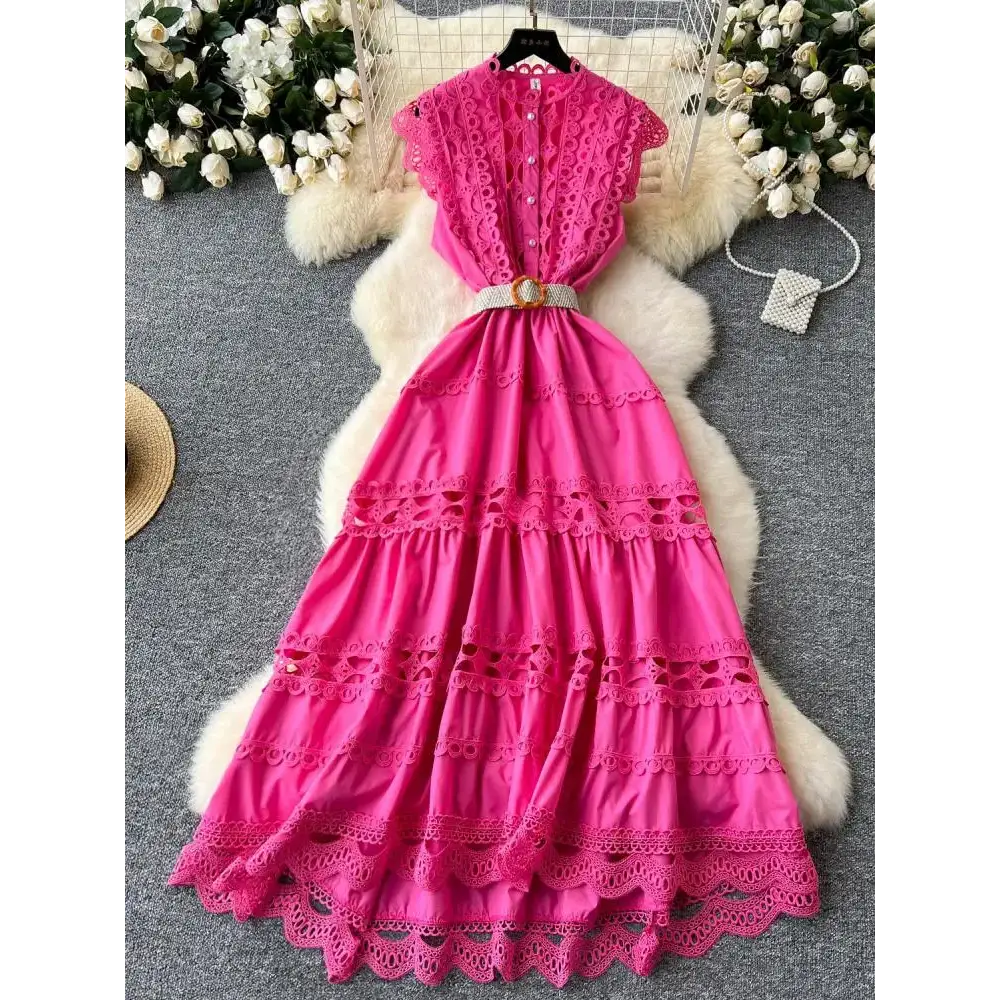 Boho Retro Women’s Solid Elegant Hollowed Out Sleeveless Long Dress Sweet Lace Patchwork - customized