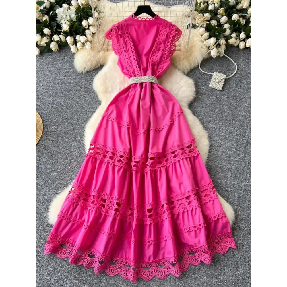 Boho Retro Women’s Solid Elegant Hollowed Out Sleeveless Long Dress Sweet Lace Patchwork - customized