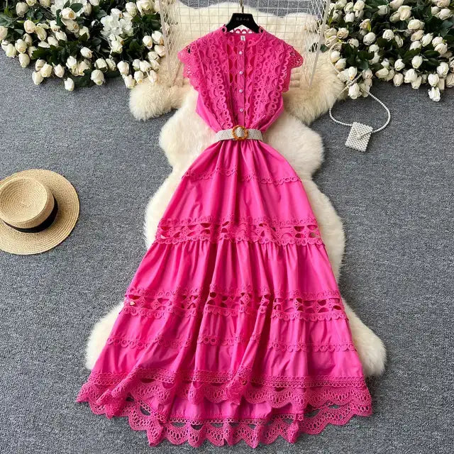 Boho Retro Women’s Solid Elegant Hollowed Out Sleeveless Long Dress Sweet Lace Patchwork - without belt5 / L