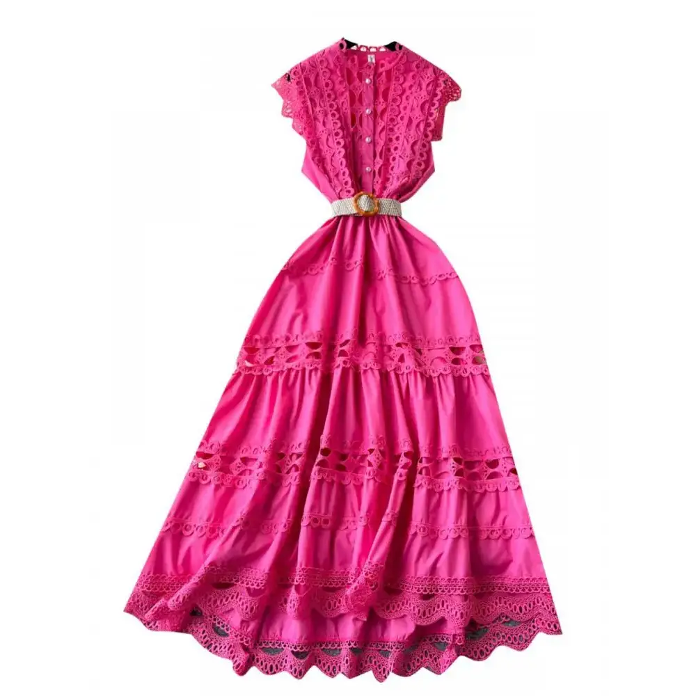 Boho Retro Women’s Solid Elegant Hollowed Out Sleeveless Long Dress Sweet Lace Patchwork - customized