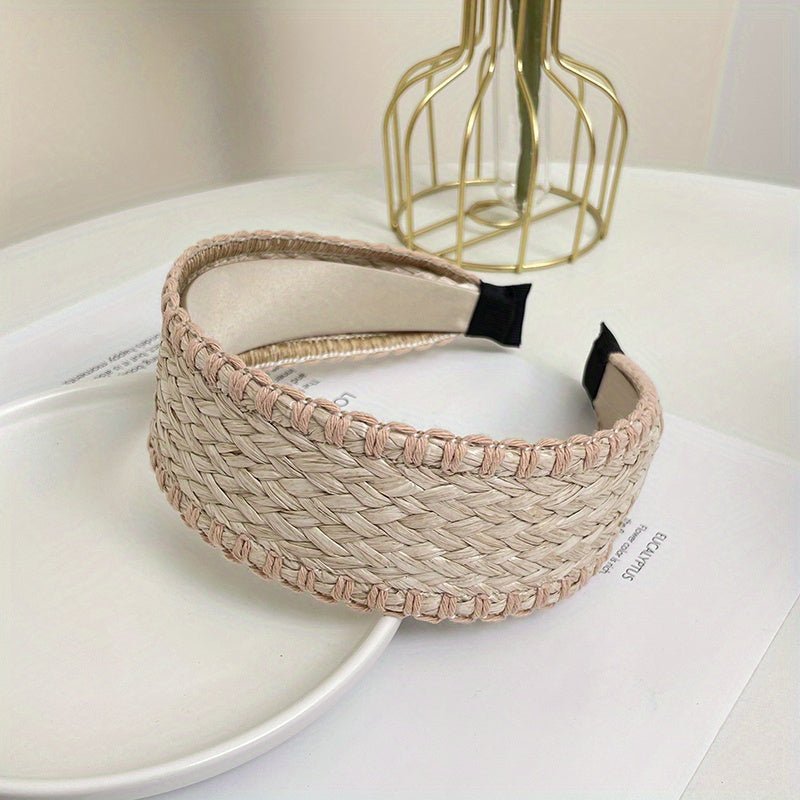 accessories - Boho Straw Knitted Headband Wide Head Hoop Ratten Headdress Elegant Hair Accessories For Women Beach Travel - Boho Eco Boutique™ - accessories - Boho Eco Boutique™ - Light Pink -